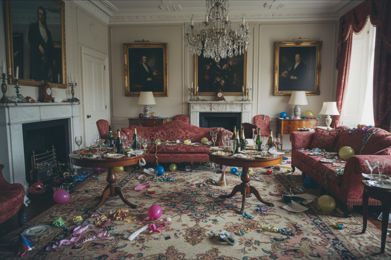 A disposable camera photo of the aftermath of a wild party. Lots of drinks, discarded decorations, and some food everywhere. This is in a grand living room of an old manor house. The owner of this house is very wealthy. There is no person in the photo. Landscape orientation